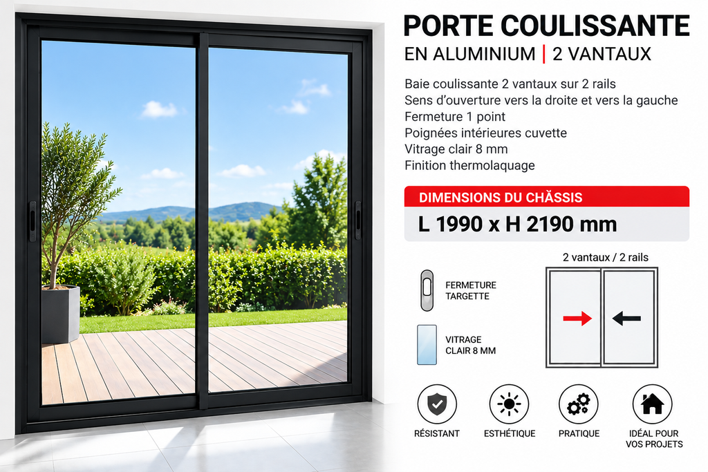 [B1260994] Porte coulissante en aluminium 2 vantaux noir 1990 x 2190mm