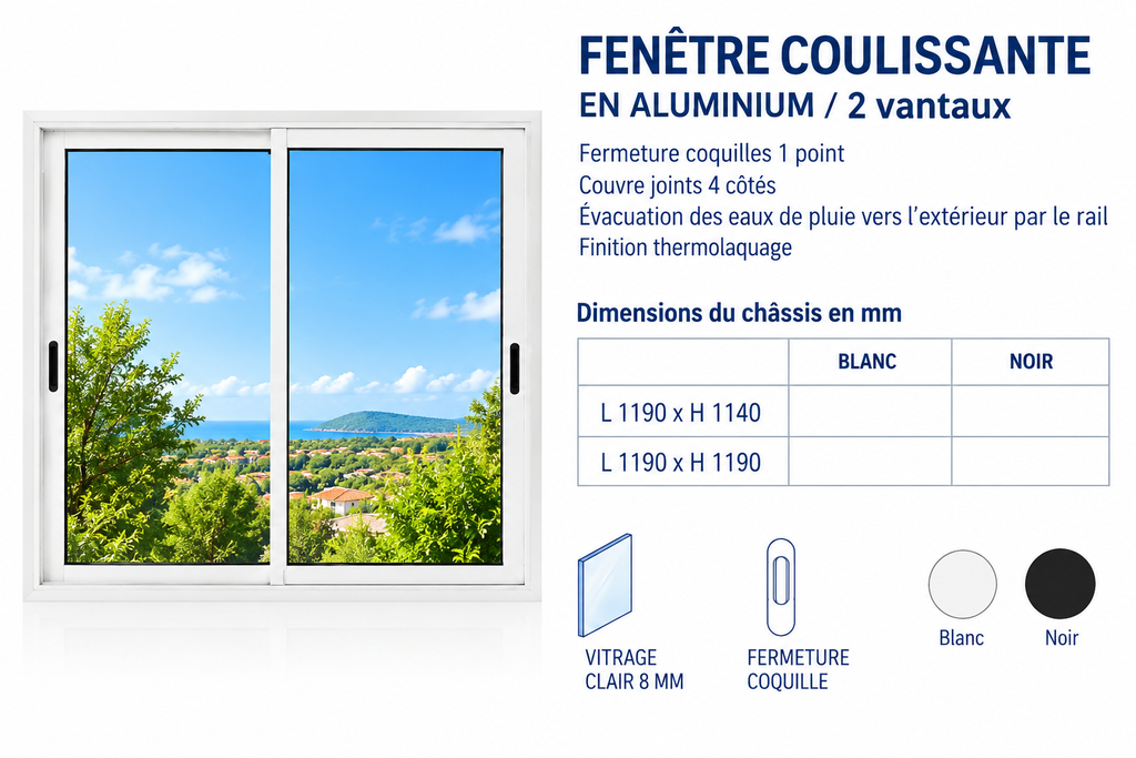 [B1260983] Fenêtre coulissante 2 vantaux aluminium blanc 1190 x 1140mm