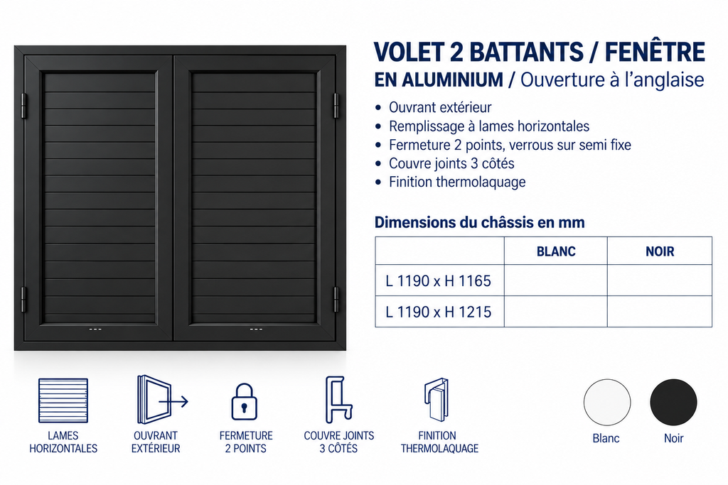 [B1260993] Volet 2 battants fenêtre aluminium noir 1190 x 1165mm