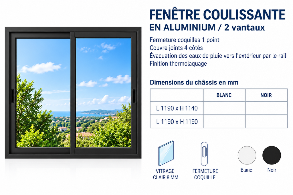 [B1260984] Fenêtre coulissante 2 vantaux aluminium noir 1190 x 1140mm