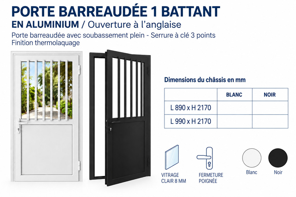 [B1260988] Porte barreaudée en aluminium 1 battant blanc 890 x 2170mm