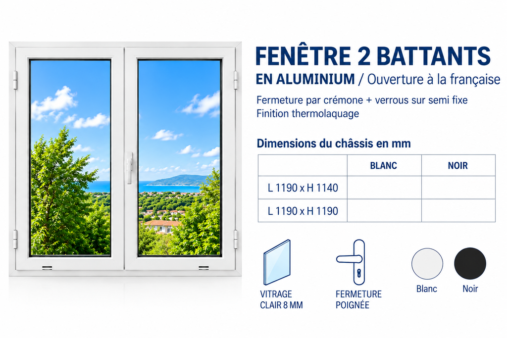 [B1260990] Fenêtre 2 battants ouverture à la française en aluminium blanc 1190 x 1140mm