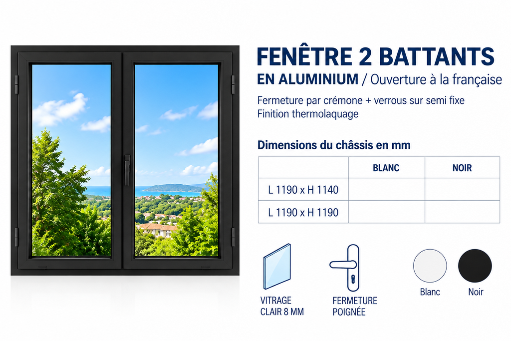 [B1260991] Fenêtre 2 battants ouverture à la française en aluminium noir 1190 x 1140mm