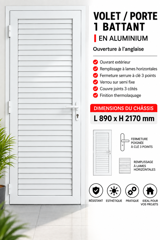 [B1261004] Volet 1 battant porte en aluminium ouverture à l'anglaise blanc 890 x 2170mm