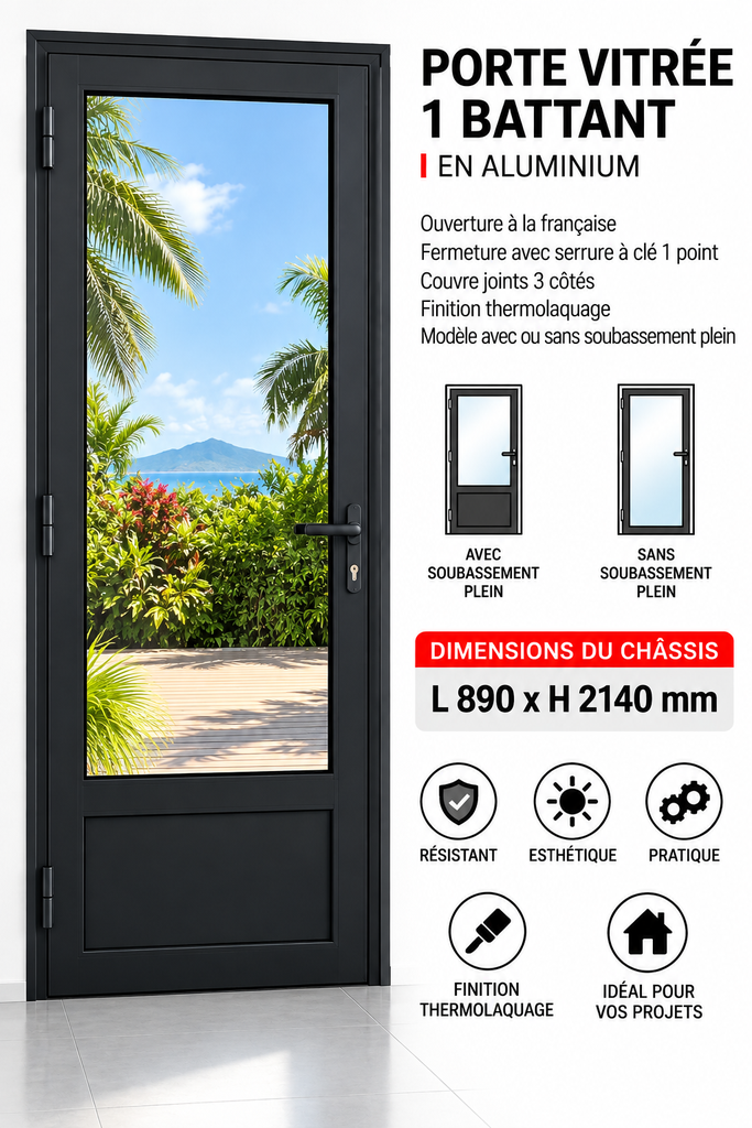 [B1261001] Porte vitrée 1 battant en aluminium noir ouverture à la française 890 x 2140mm