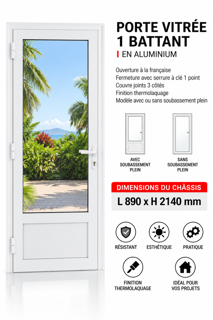 [B1261000] Porte vitrée 1 battant en aluminium blanc ouverture à la française 890 x 2140mm