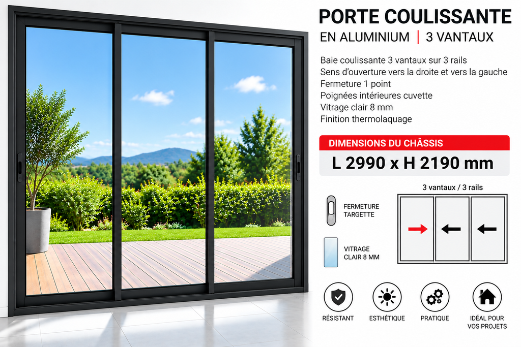 [B1260999] Porte coulissante en aluminium 3 vantaux noir 2990 x 2190