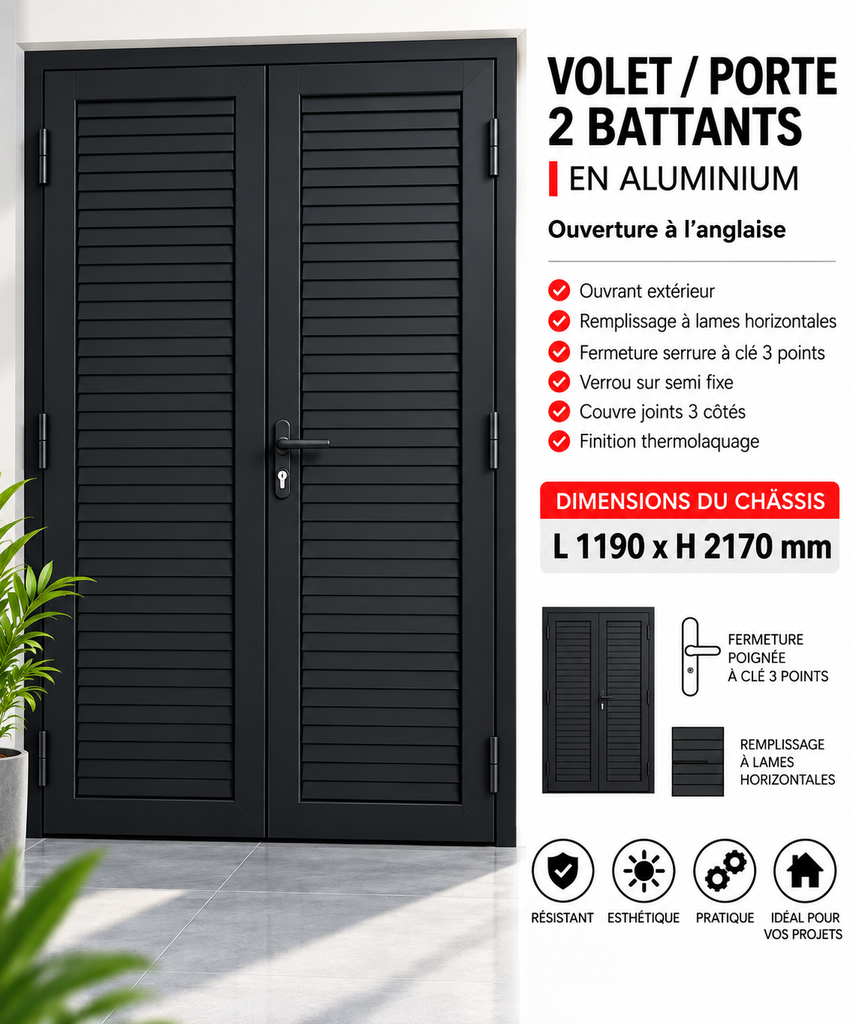 [B1261007] Volet 2 battant porte en aluminium ouverture à l'anglaise noir 1190 x 2170mm